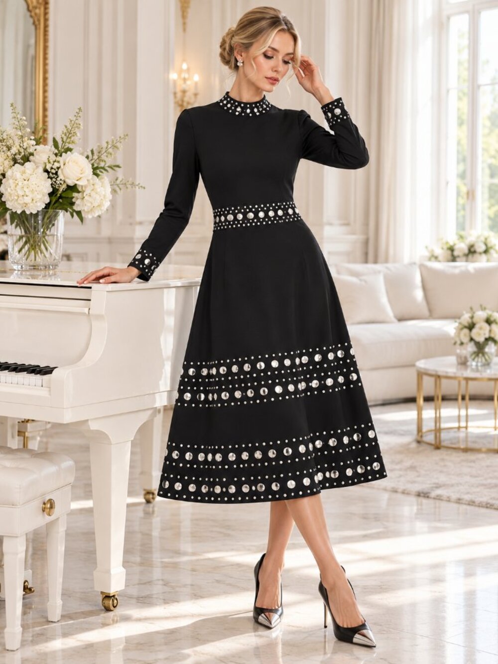 Midnight Velvet Black Silver Embellished Knit Midi Dress S